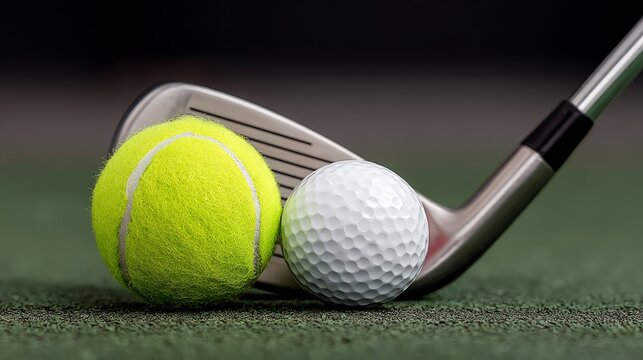 Golf ball and a tennis ball are placed on the ground next to a golf club. The scene suggests that someone may have been playing both sports