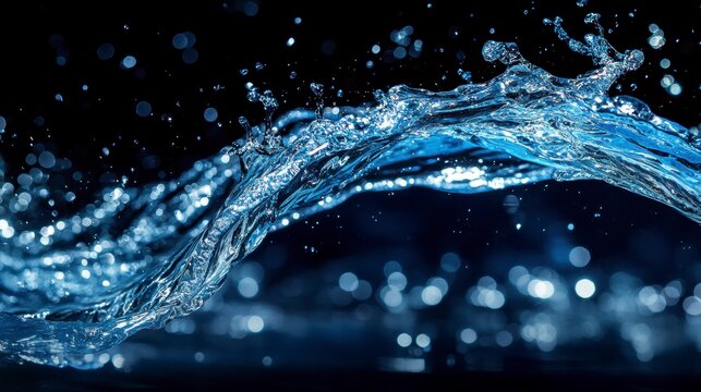 Dynamic water splash against black background with bokeh effect.