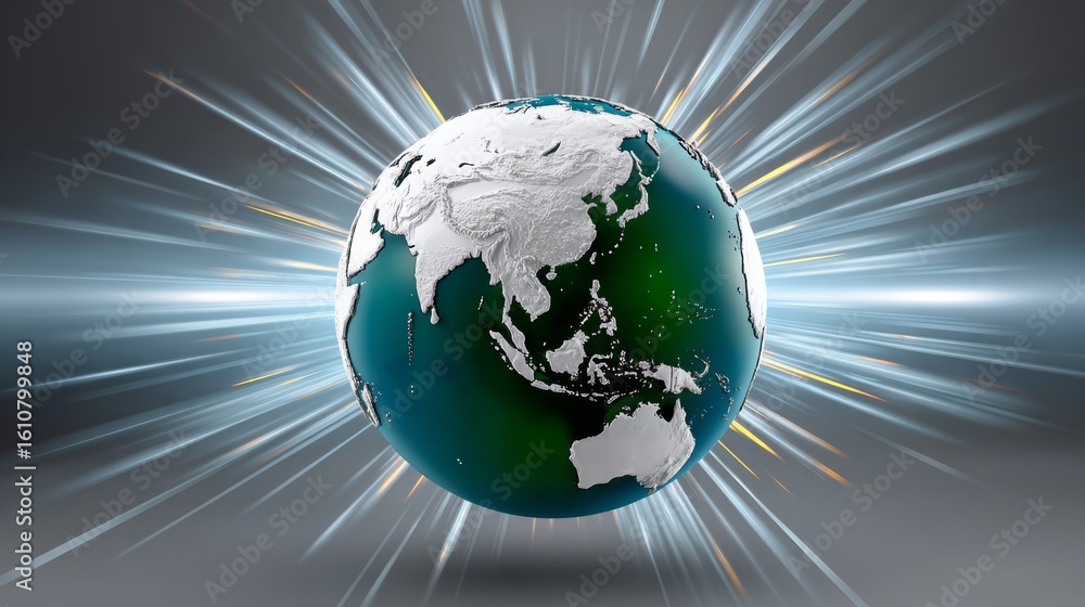 Poster globe with a white and green color. the globe is surrounded by a bright light. the globe is the cent