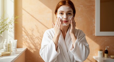 Redhaired woman in white robe applying face cream in a sunlit bathroom