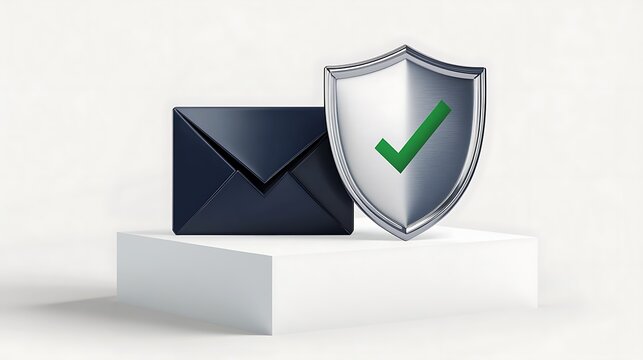 A dark blue envelope next to a shield with a green checkmark on a white background