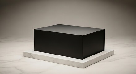 Elegant black box on marble platform with clean background and sleek presentation