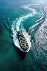 An aerial view showing a ship slicing through deep blue ocean waters