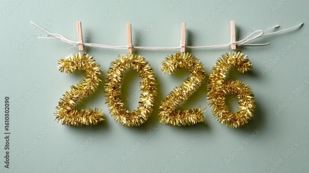 Aufkleber string of gold tassels hanging from a line, with the numbers 2026 written in gold. the tassels are a