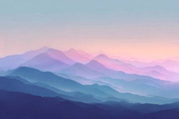 A stylized mountain range in soft pastel hues stretches across the horizon. The peaks blend into the sky with gradient transitions, creating a calming, meditative landscape