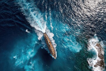 An aerial view showing a ship slicing through deep blue ocean waters