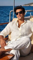 A yacht owner sitting relaxed, wearing stylish black sunglasses and a crisp white linen outfit