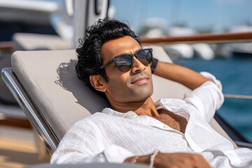 A yacht owner sitting relaxed, wearing stylish black sunglasses and a crisp white linen outfit