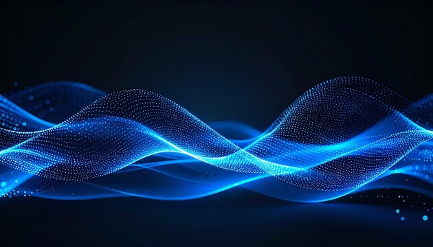 Dynamic abstract wave of blue particles over a smooth black gradient, glowing motion trails with soft blur ideal for modern tech visuals