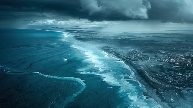 Aerial view coastline stormy ocean city