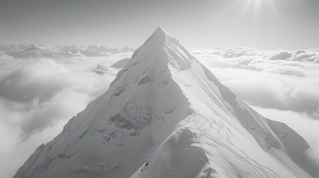 Aerial view snowy mountain peak clouds
