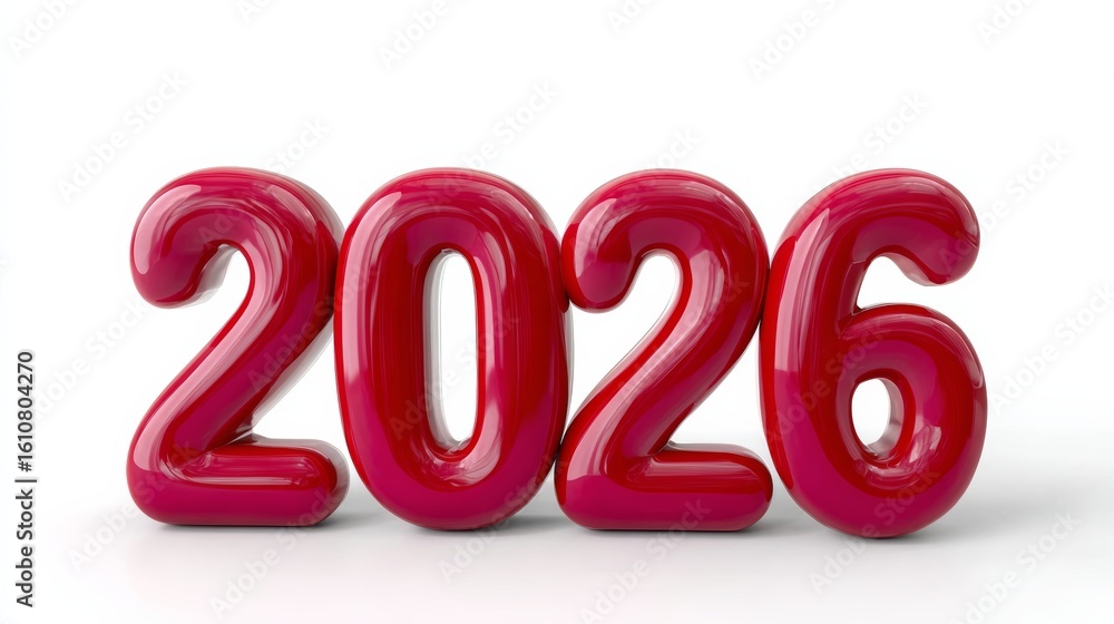 Poster the year is 2026 and it is written in red letters. the letters are made of balloons and they are arr