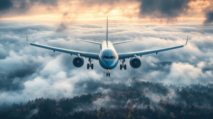 Obraz premium Airplane flying above clouds and forest