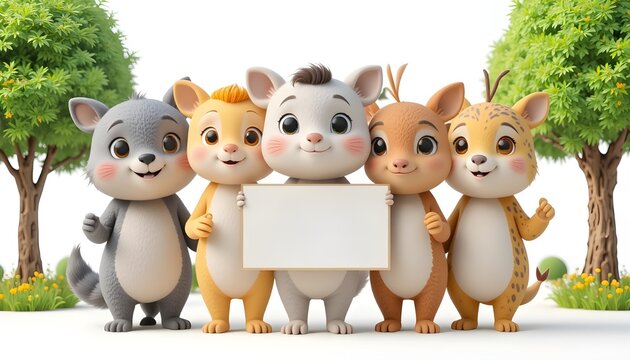 cartoon animals, forest backdrop, raccoon, chipmunk, squirrel, bear cub, holding blank sign, cute and adorable, highly detailed, 4k, photorealistic, cinematic lighting, dynamic composition - Powered by Adobe