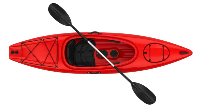 Red kayak with paddle viewed from above

