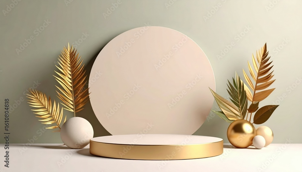 Aufkleber elegant display setup with circular base and golden accents minimalist studio product showcase moder