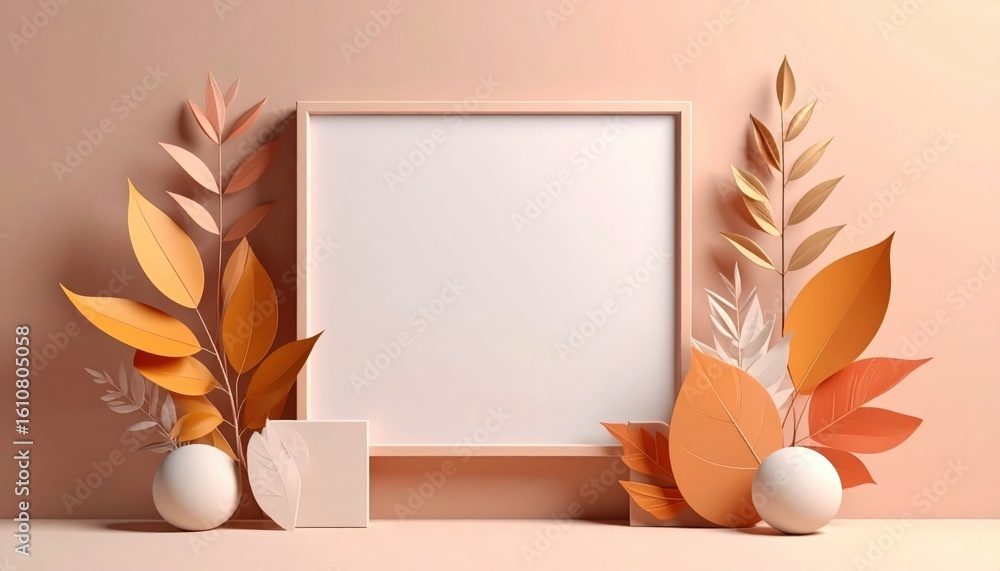 Aufkleber elegant autumn decor display with empty frame and leaves indoor setting still life minimalist style 