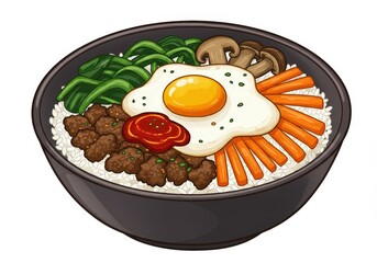 Bibimbap bowl with assorted vegetables, minced beef, and fried egg isolated on white