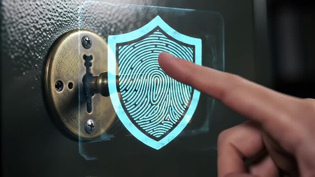 A key unlocking a cabinet, dissolving into a fingerprint scan and futuristic digital security interface &ndash; a professional cinematic concept visualization