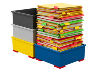 Stack of colourful document folders and storage boxes
