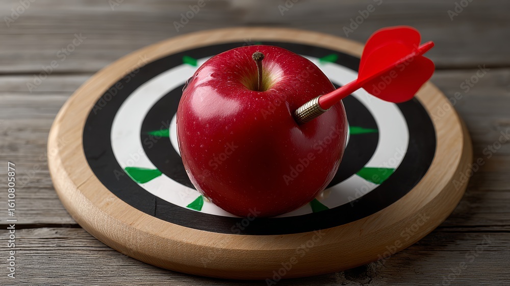 Poster red apple is on a wooden board with a red arrow pointing to it. the apple is surrounded by a black c