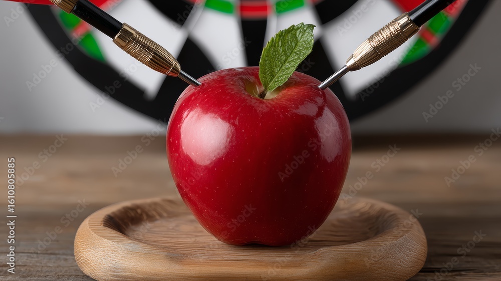 Poster red apple sits on a wooden tray with two sharp objects sticking out of it. concept of danger and ris
