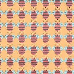 The chubby, round cartoon bee pattern, with pink-gray stripes, clear blue wings, and cute spiraled whiskers, is neatly arranged on a peach background. This pattern gives a fun, bright, and friendly fe