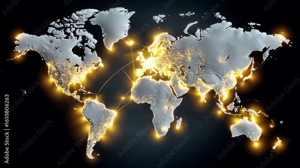 Poster globe with lights on it that is lit up in the night. the globe is lit up in the night and has a yell