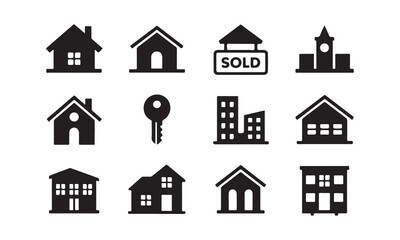 Fototapeta premium Collection of Black and White Real Estate Icons, set of simple, black silhouette icons representing various real estate objects.