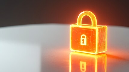 A glowing orange padlock with a keyhole on a reflective surface against dark background