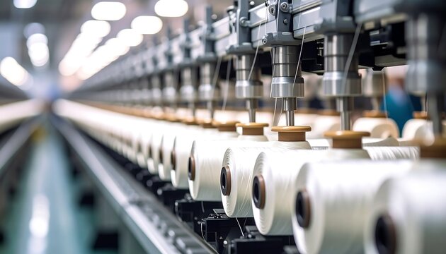 Industrial yarn winding machine with numerous spools of white thread