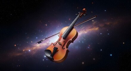 Fototapeta premium Classical violin floats amidst a cosmic nebula, bow resting beside it.