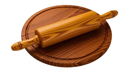 Wooden rolling pin on a round cutting board
