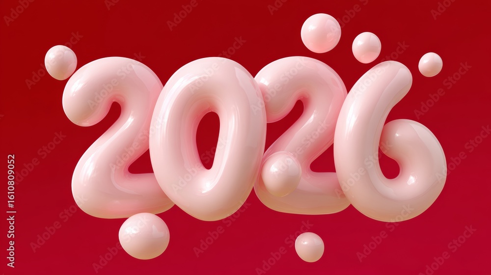 Poster red and pink background with a large number of pink and red bubbles. the number 20 is written in pin