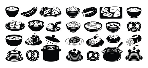 Black and white food icon set traditional and modern meal silhouette collection with white background