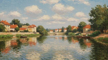 Impressionism Painting Town near Pond