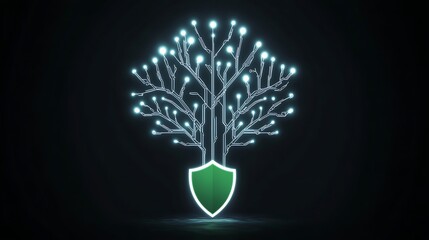 A glowing tree of circuits above a green shield on a black background design art