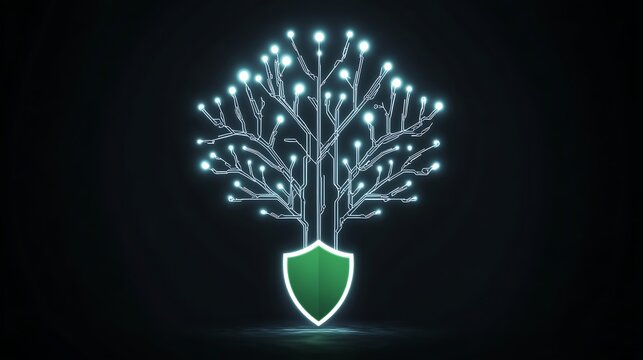 A glowing tree of circuits above a green shield on a black background design art