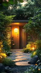 Obraz premium Japanese garden house entrance pathway