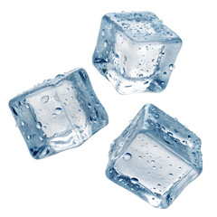 Three glistening ice cubes with water droplets are isolated on transparent background, creating a refreshing and cool scene