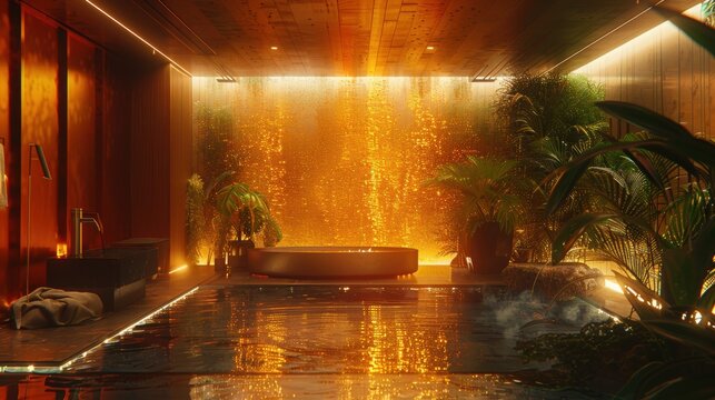 Luxury spa interior with golden waterfall