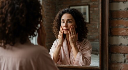 Woman in a pink robe looking at her reflection in a mirror touching her face in a room with brick walls