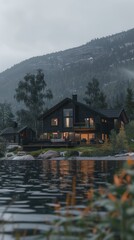 Fototapeta premium Modern Black Lake House Mountain Landscape