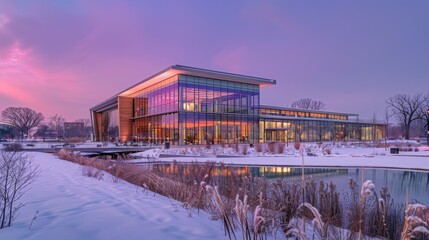 Modern building winter snow sunset