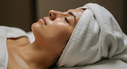 Woman lying down eyes closed face glistening head wrapped in white towel body draped