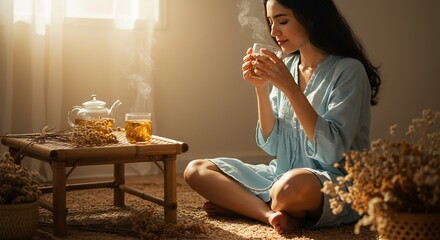 Woman sips tea on a rug next to a bamboo table with dried flowers in warm sunlight
