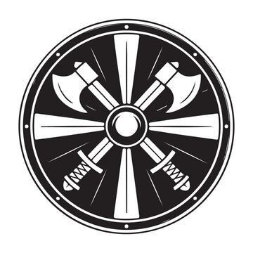 recommend clip art: Black and white viking shield with crossed axes and swords design