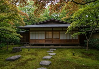 A tranquil traditional japanese house sits in a lush moss garden with autumn maple trees
