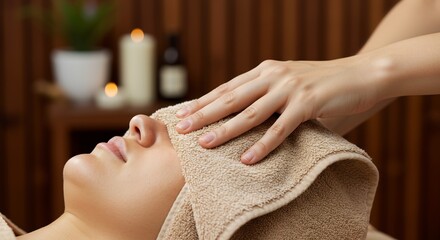 Womans profile eyes closed receiving a facial with a warm towel and gentle hand touch Spa setting with candles