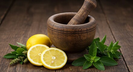 Wooden mortar and pestle with whole and sliced lemons and fresh green herbs on a dark wooden surface